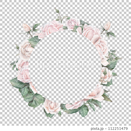 Watercolor invitation design with light cream roses and leaves. Botanical watercolor illustration flower. Template with floral elements. Wreath or round frame hand draw on isolated background 112251479