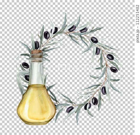 Watercolor olive branch round wreath with black fruit and green leaves. Olive oil in glass bottle. Hand drawn illustration natural circle frame isolated on background. Design for menu card. 112251482