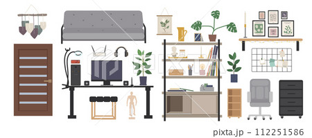 Room interior elements constructor mega set in flat graphic design. Creator kit with sofa, door, office desk with computer and armchair, shelf with decor and books, houseplants. Vector illustration. Room interior elements constructor mega set in flat graphic design. Creator kit with sofa, door, office desk with computer and armchair, shelf with decor and books, houseplants. Vector illustration. 112251586