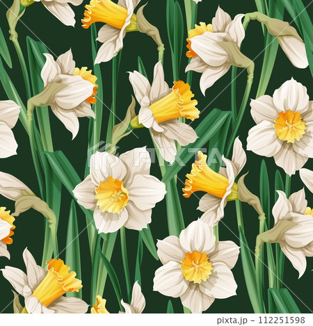 Seamless pattern with narcissus flowers. Spring fabric design. Floral print for Easter with daffodils. Suitable for fabric wallpaper, textiles, scrapbooking. Seamless pattern with narcissus flowers. Spring fabric design. Floral print for Easter with daffodils. Suitable for fabric wallpaper, textiles, scrapbooking. 112251598