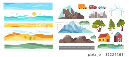Landscape elements constructor mega set in flat graphic design. Creator kit with sea water, desert, hills, ice mountains, cars, river, forest trees, barns, wind turbines, other. Vector illustration. Landscape elements constructor mega set in flat graphic design. Creator kit with sea water, desert, hills, ice mountains, cars, river, forest trees, barns, wind turbines, other. Vector illustration. 112251614