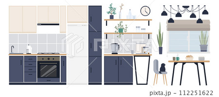 Kitchen interior elements constructor mega set in flat graphic design. Creator kit with cooking furnishing, tables, chairs, shelves, oven, stove, refrigerator, domestic appliance. Vector illustration. 112251622