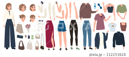 Woman character elements constructor mega set in flat graphic design. Creator kit with caucasian female, body legs and arms, heads with hairstyles, stylish cloth, accessories. Vector illustration. 112251628
