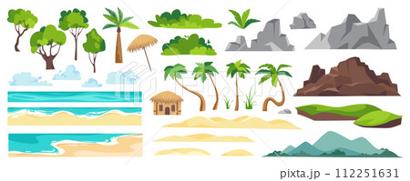 Beach landscape elements constructor mega set in flat graphic design. Creator kit with tropical palm trees, green bushes, ocean sand coasts, clouds, mountains, resort bungalow. Vector illustration. 112251631