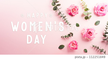 Happy Mother's day and Women's Day decoration concept made from flower and the text on pastel background. 112251849