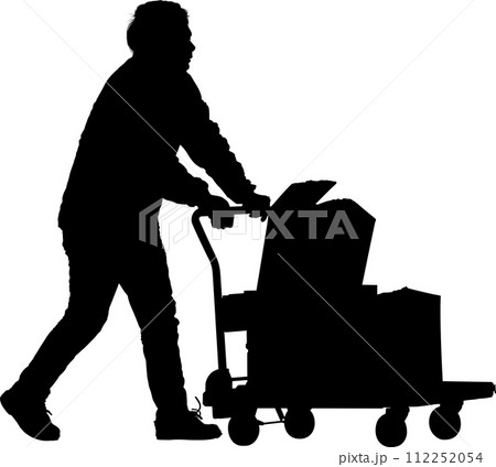 手押し台車で荷物を運ぶ人シルエット 手押し台車で荷物を運ぶ人シルエット 112252054