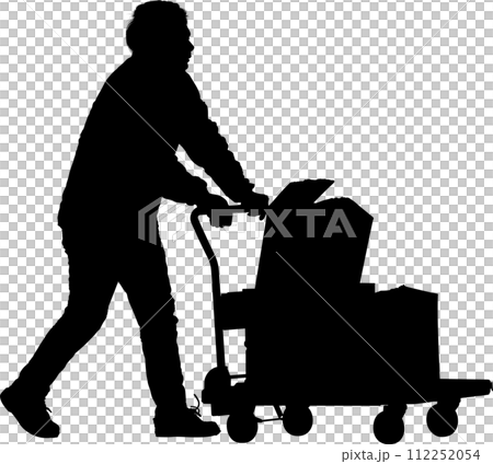 手押し台車で荷物を運ぶ人シルエット 手押し台車で荷物を運ぶ人シルエット 112252054