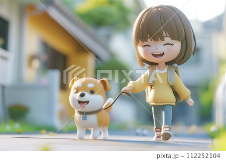 住宅街で犬の散歩をする若い女性 112252104