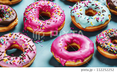 A group of various fresh donuts with pink, yellow, chocolate icing. A group of various fresh donuts with pink, yellow, chocolate icing. 112252252