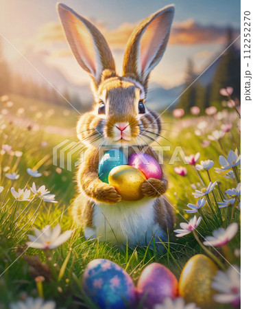 Cute bunny character holding colorful Easter eggs among blooming flowers on the spring meadow 112252270