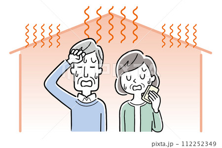 ベクターイラスト素材：家の中が暑くて困っているシニア夫婦 112252349