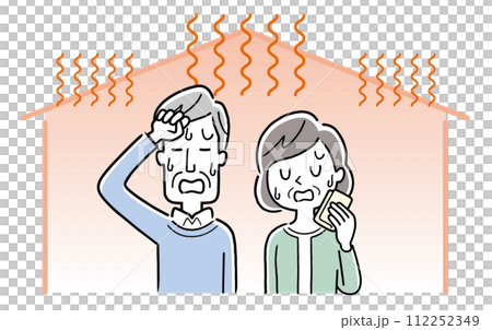ベクターイラスト素材：家の中が暑くて困っているシニア夫婦 112252349