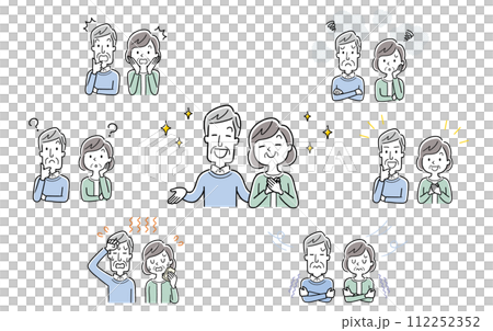 ベクターイラスト素材:いろんなシチュエーションのシニア夫婦 ベクターイラスト素材:いろんなシチュエーションのシニア夫婦 112252352