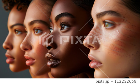 An intimate portrait showcasing the diverse beauty and unique features of four individuals, highlighting their detailed skin textures and captivating eyes. 112252659