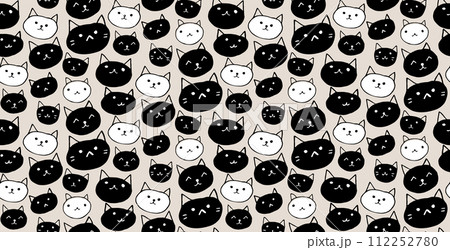 Cat faces pattern, seamless animal texture, cute vector black and white kitty background 112252780