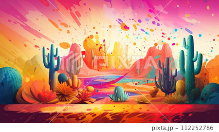 Desert landscape with cactus at sunset. Generative Ai illustration 112252786