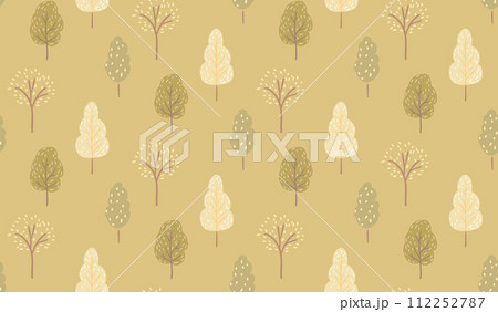 Forest pattern, pastel green seamless background. Calm nature design, ecology print. Environment texture with different trees at summer, Vector illustration 112252787