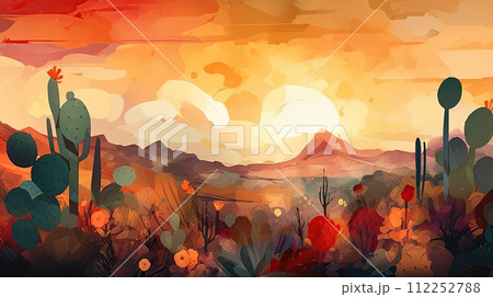 Desert landscape with cactus at sunset. Generative Ai illustration 112252788