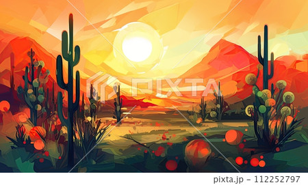 Desert landscape with cactus at sunset. Generative Ai illustration 112252797