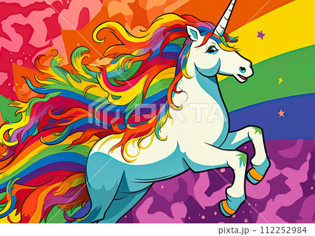 White unicorn symbol of lgbt gay community in Rainbow flag colors. Ai Generative illustration 112252984