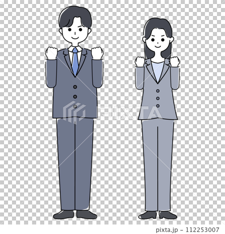 ガッツポーズをするスーツ姿の男女 112253007