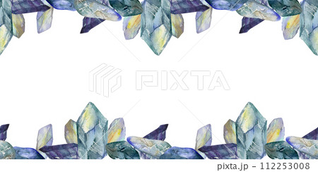 Hand drawn watercolor illustration precious jewel gem crystal chakra birth stone. Amethyst aquamarine moonstone. Seamless border isolated on white background. Design print, shop, jewelry, fashion 112253008