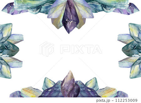 Hand drawn watercolor illustration precious jewel gem crystal chakra birth stone. Amethyst aquamarine moonstone. Horizontal frame isolated on white background. Design print, shop, jewelry, fashion 112253009