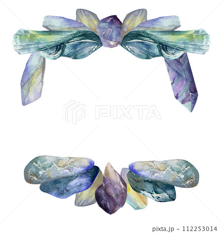 Hand drawn watercolor illustration precious jewel gem crystal chakra birth stone. Amethyst aquamarine moonstone lapis. Square frame isolated on white background. Design print, shop, jewelry, fashion 112253014