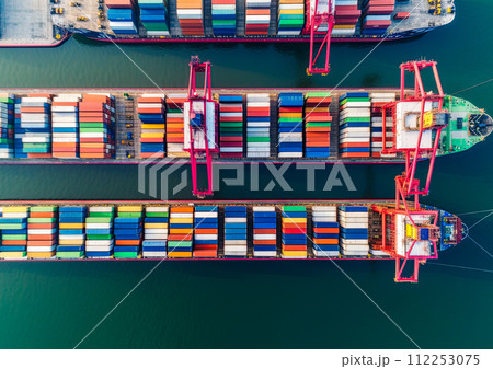 Container ships at sea. Shipping business, freight transportation, import and export. Generative Ai illustration Container ships at sea. Shipping business, freight transportation, import and export. Generative Ai illustration 112253075
