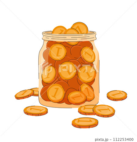 A glass jar completely filled with coins. Concept financial literacy, savings, bank deposits, tips, donation. 112253400