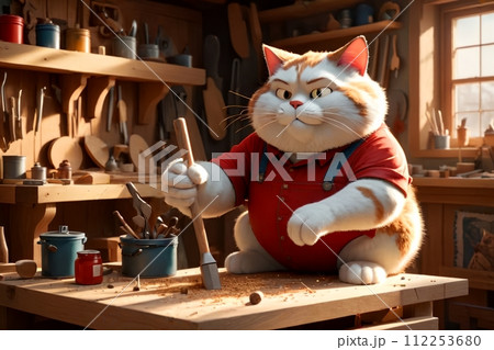 A fat cat in a T-shirt works in his carpentry workshop 112253680