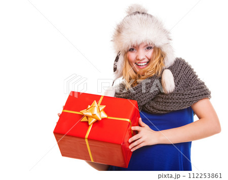 winter girl with red gift box isolated winter girl with red gift box isolated 112253861