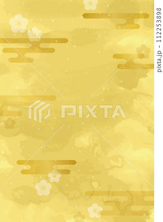 金色の和紙テクスチャと雲と桜の和風背景 金色の和紙テクスチャと雲と桜の和風背景 112253898