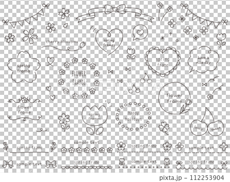 Cute spring frame set in hand drawn style. Ribbon, cherry blossoms, flowers 112253904
