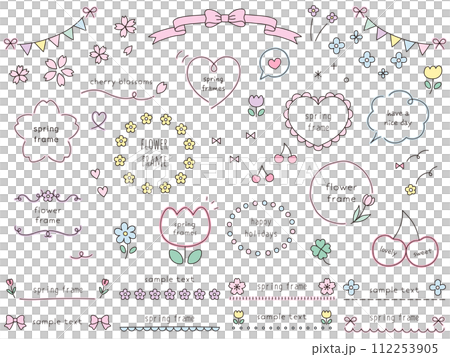 Cute spring frame set in hand drawn style. Ribbon, cherry blossoms, flowers 112253905