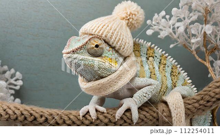 ニット帽とマフラーを着た雪国のカメレオン 112254011