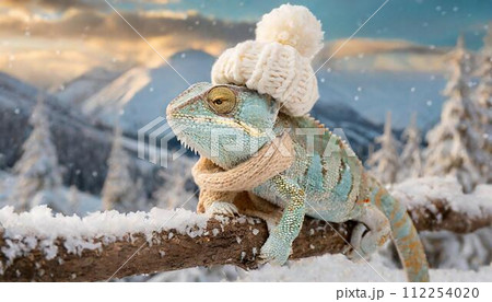 ニット帽とマフラーを着た雪国のカメレオン 112254020