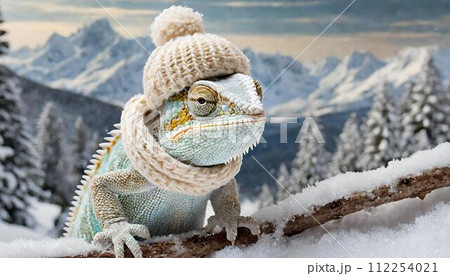 ニット帽とマフラーを着た雪国のカメレオン 112254021