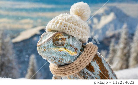 ニット帽とマフラーを着た雪国のカメレオン 112254022