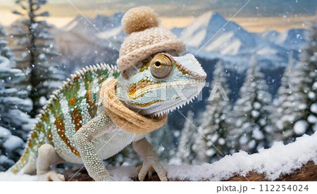 ニット帽とマフラーを着た雪国のカメレオン 112254024