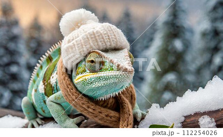 ニット帽とマフラーを着た雪国のカメレオン 112254026