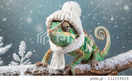 ニット帽とマフラーを着た雪国のカメレオン 112254028