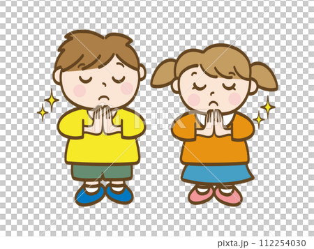 Full-body illustration of a boy and a girl praying_lower elementary school students_toddler 112254030