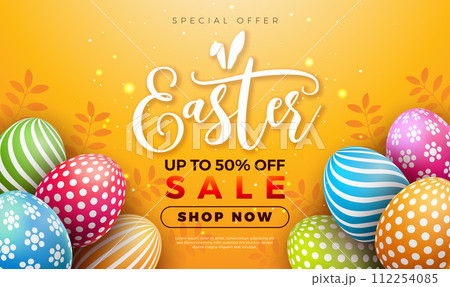 Easter Sale Illustration with Color Painted Egg, Spring Flower and Rabbit Ears on Yellow Background. Vector Holiday Celebration Design Template for Coupon, Banner, Voucher or Promotional Poster. Easter Sale Illustration with Color Painted Egg, Spring Flower and Rabbit Ears on Yellow Background. Vector Holiday Celebration Design Template for Coupon, Banner, Voucher or Promotional Poster. 112254085
