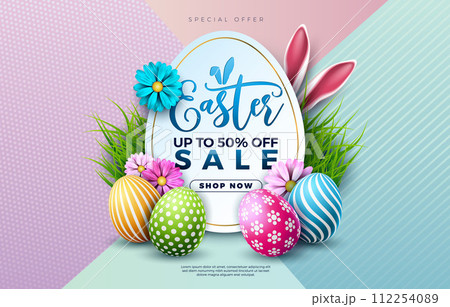 Easter Sale Illustration with Color Painted Egg, Spring Flower and Rabbit Ears on Abstract Colorful Background. Vector Holiday Celebration Design Template for Coupon, Banner, Voucher or Promotional 112254089