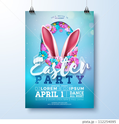 Easter Party Flyer Illustration with Painted Eggs, Rabbit Ears and Flowers on Nature Blue Background. Vector Spring Religious Holiday Celebration Poster Design Template for Banner or Invitation. Easter Party Flyer Illustration with Painted Eggs, Rabbit Ears and Flowers on Nature Blue Background. Vector Spring Religious Holiday Celebration Poster Design Template for Banner or Invitation. 112254095