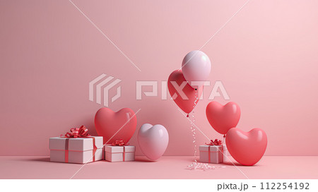 Presents, gift boxes and balloons. Happy birthday, Valentine's day, Anniversary concept. Empty space, for text or logo. Ai Generative illustration 112254192