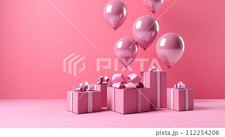 Presents, gift boxes and balloons. Happy birthday, Valentine's day, Anniversary concept. Empty space, for text or logo. Ai Generative illustration 112254206