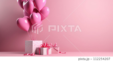 Presents, gift boxes and balloons. Happy birthday, Valentine's day, Anniversary concept. Empty space, for text or logo. Ai Generative illustration 112254207