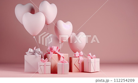 Presents, gift boxes and balloons. Happy birthday, Valentine's day, Anniversary concept. Empty space, for text or logo. Ai Generative illustration 112254209